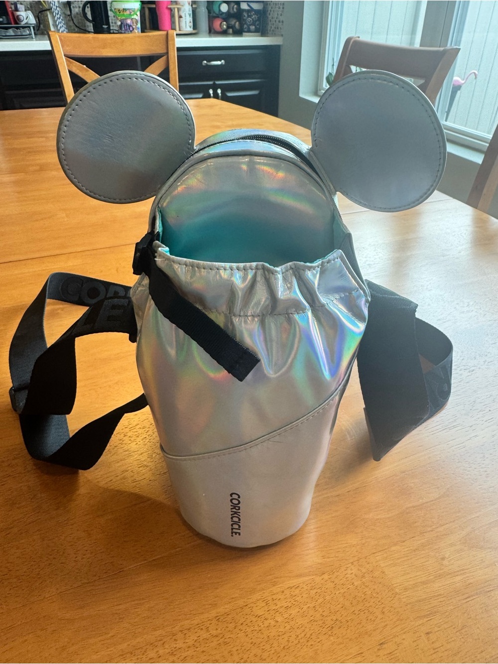 Corkcicle Iridescent Silver Crossbody Water Bottle Bag with Ear Accents